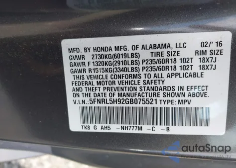 2016 Honda Odyssey Touring/Touring Elite from USA, damaged, VIN 5FNRL5H92GB075521